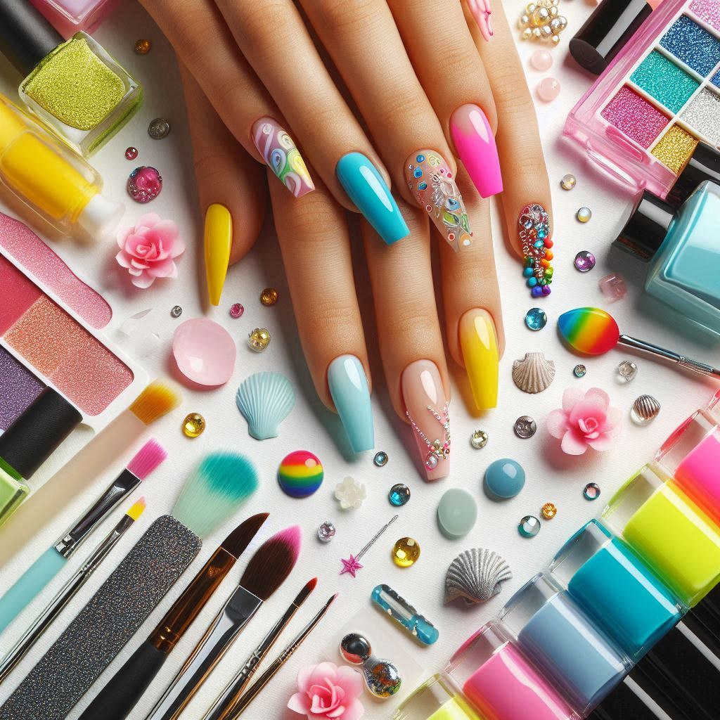 vibrant nail polish bottles in bright, neon colors like hot pink, sunny yellow, and bold blue. Display various nail art tools like brushes, dotting tools, and sponges, along with small accessories like rhinestones, floral decals, and chrome powders